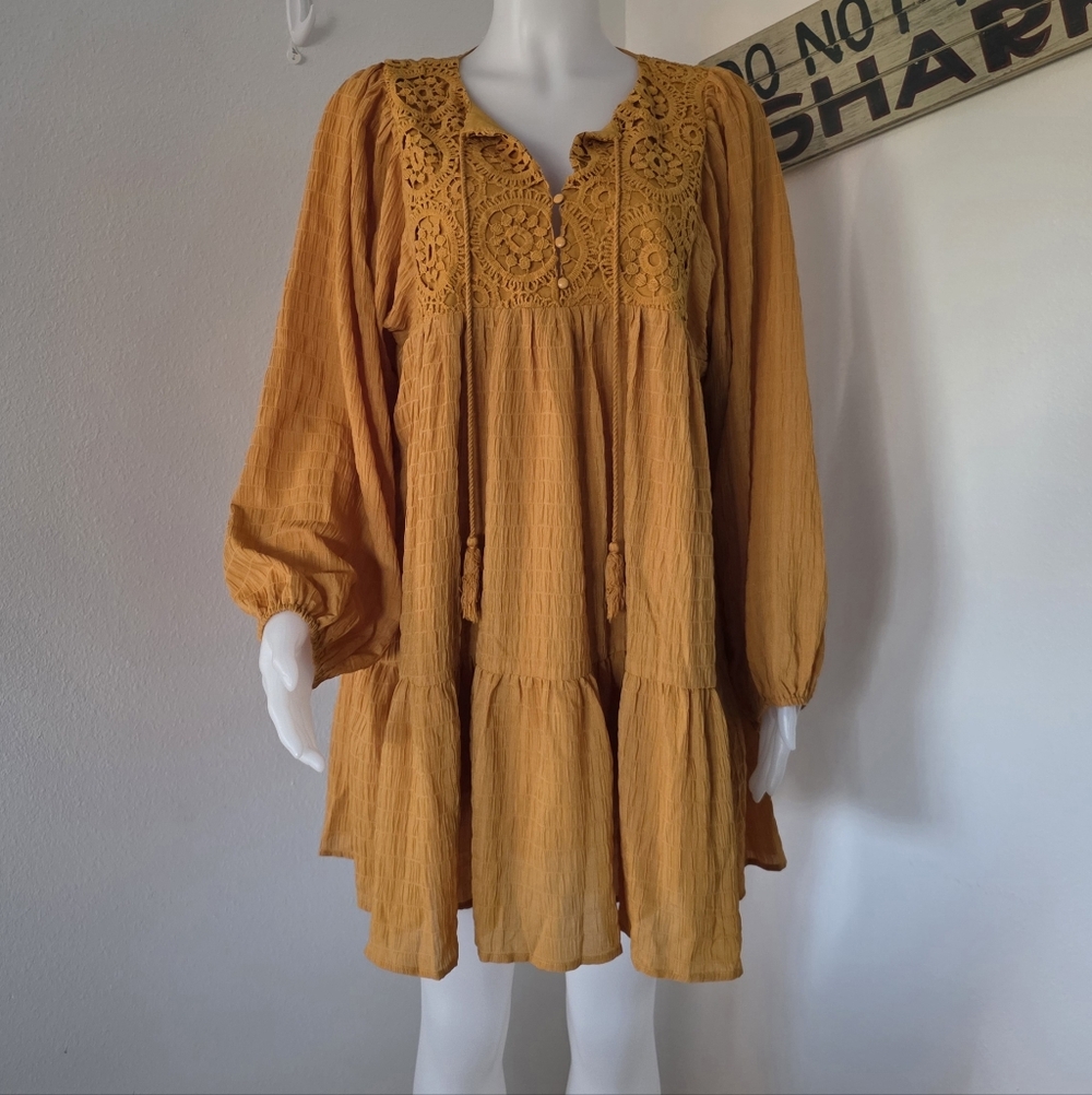 Pink Lily Yellow Boho Long Sleeve Embroidered Floral Seersucker DressSize L